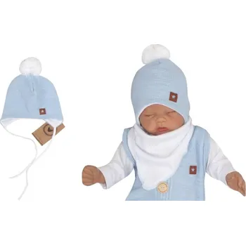 Čepice Z&Z Dvouvrstvá pletená čepice na zavazování s bambulí, modrá, Velikost koj. oblečení 56 (1-2m)