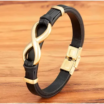 Náramek B-TOP Módní kožený náramek Infinity - černá/ zlatá