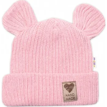 Čepice Pletená bavlněná čepice s oušky, dvouvrstvá, Hand Made Baby Nellys, růžová, Velikost koj. oblečení 56/62 (0-3m)