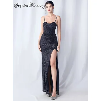 Dámské šaty Dlouhé šaty na ples Sequins SQ1009 Barva: Tmavě Modrá, Velikost: M