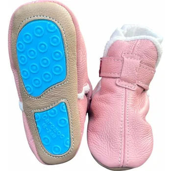 Capáčky CAROZOO Kožené capáčky s gumovou podrážkou zimní růžové 6-12 měsíců Růžová 19,5