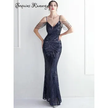 Dámské šaty Dlouhé svatební šaty Sequins SQ1151 Barva: Tmavě Modrá, Velikost: M