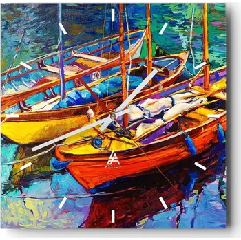 Hodiny Velké nástěnné hodiny na zeď 40x40 Loď Skleněné hodiny Čtvercové Tiché