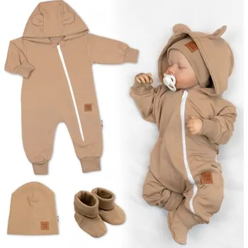 Dívčí oblečení Rostoucí teplákový overal pro miminko, čepice, botky, 3D, Nature - karamelová, Velikost koj. oblečení 68/74 (6-9m)