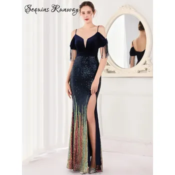 Dámské šaty Dlouhé večerní šaty Sequins SQ1126 Barva: Tmavě Modrá, Velikost: M