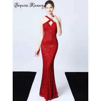 Dámské šaty Večerní šaty dlouhé Sequins SQ1236 Barva: Červená, Velikost: S