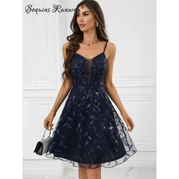 Dámské šaty Svatební krátké šaty Sequins SQ986 Barva: Tmavě Modrá, Velikost: M
