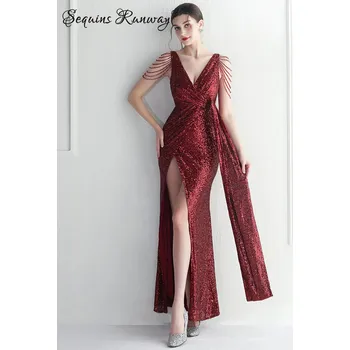 Dámské šaty Dlouhé večerní šaty Sequins SQ1130 Barva: Vínová, Velikost: XL