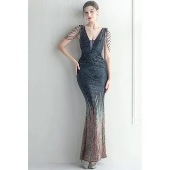 Dámské šaty Sexy dlouhé šaty na svatbu Sequins SQ1164 Barva: Tmavě Modrá, Velikost: S