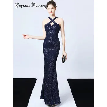 Dámské šaty Večerní šaty dlouhé Sequins SQ1236 Barva: Tmavě Modrá, Velikost: 2XL