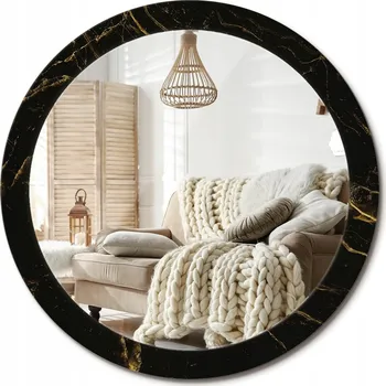 Zrcadlo Loftové závěsné zrcadlo s ozdobným skleněným rámem Černý mramorový vzor, průměr 90 cm