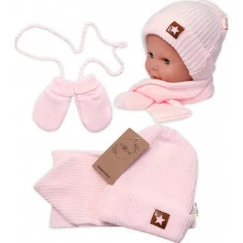 Čepice Baby Nellys Pletená čepice s šálou a rukavičky 3v1, STAR - sv. růžová, 68/74, Velikost koj. oblečení 68/74 (6-9m)