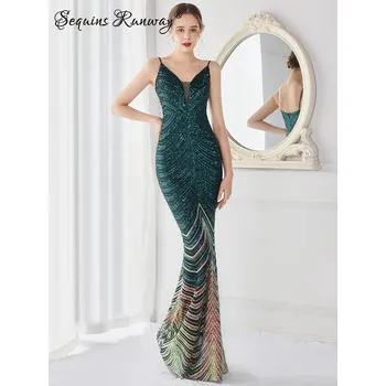 Dámské šaty Sexy společenské šaty maxi Sequins SQ1061 Barva: Zelená, Velikost: XL