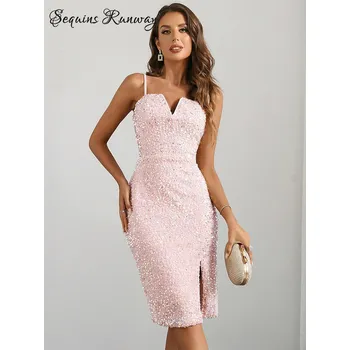 Dámské šaty Společenské midi šaty Sequins SQ125 Barva: Růžová, Velikost: S