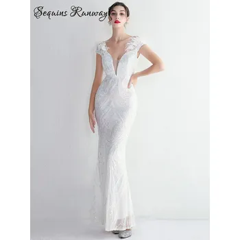 Dámské šaty Dlouhé šaty na svatbu Sequins SQ1045 Barva: Bílá, Velikost: S