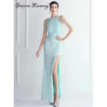 Dámské šaty Sexy večerní šaty maxi Sequins SQ1065 Barva: Mátová, Velikost: L