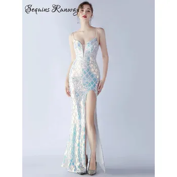 Dámské šaty Sexy společenské šaty maxi Sequins SQ1050 Barva: Bílá, Velikost: L