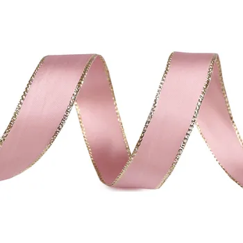 Stuha Atlasová stuha s lurexovým okrajem a drátem šíře 24 mm Varianta: 607 pudrová zlatá, Balení: 20 m