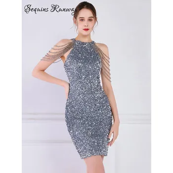 Dámské šaty Svatební krátké šaty Sequins SQ985 Barva: Šedá, Velikost: M