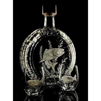 Sklenice lahev na slivovici 0,7l + 2ks likér s rytinou pstruha - ručně ryté (broušené) dárková krabička, dárek pro rybáře