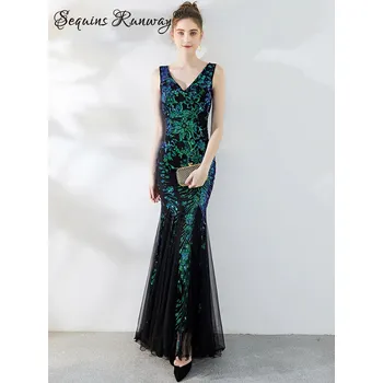 Dámské šaty Sexy dlouhé šaty na ples Sequins SQ1144 Barva: Zelená, Velikost: M