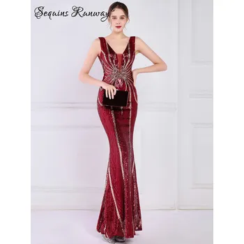 Dámské šaty Sexy dlouhé šaty na večer Sequins SQ1124 Barva: Vínová, Velikost: L