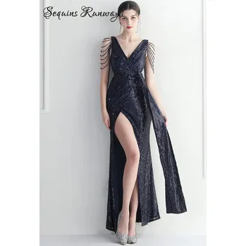 Dámské šaty Dlouhé večerní šaty Sequins SQ1130 Barva: Tmavě Modrá, Velikost: XL