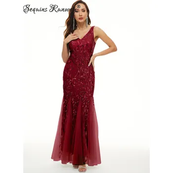 Dámské šaty Sexy dlouhé šaty na večer Sequins SQ1119 Barva: Vínová, Velikost: XS