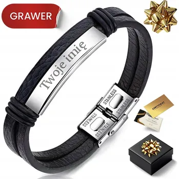 Náramek KOŽENÝ PÁNSKÝ NÁRAMEK ČERNÝ TITANOVÝ S GRAVÍROVÁNÍM DÁREK PRO KLUKA