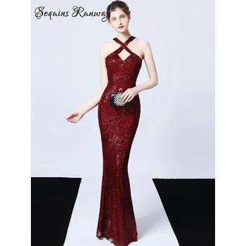 Dámské šaty Večerní šaty dlouhé Sequins SQ1236 Barva: Vínová, Velikost: L