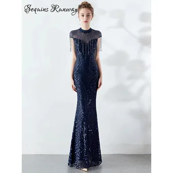 Dámské šaty Maxi večerní šaty Sequins SQ955 Barva: Tmavě Modrá, Velikost: M