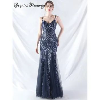 Dámské šaty Dlouhé společenské šaty Sequins SQ893 Barva: Tmavě Modrá, Velikost: 2XL