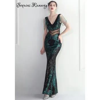 Dámské šaty Sexy dlouhé šaty na večer Sequins SQ1114 Barva: Zelená, Velikost: S