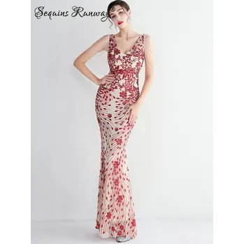 Dámské šaty Dlouhé večerní šaty Sequins SQ914 Barva: Červená, Velikost: S