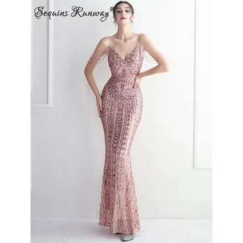 Dámské šaty Sexy večerní šaty maxi Sequins SQ1072 Barva: Růžová, Velikost: XL