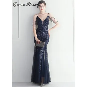 Dámské šaty Plesové šaty dlouhé Sequins SQ1191 Barva: Tmavě Modrá, Velikost: XL