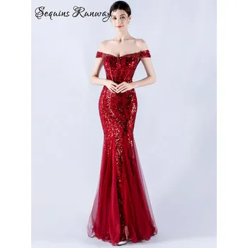 Dámské šaty Sexy večerní šaty maxi Sequins SQ1083 Barva: Vínová, Velikost: 2XL