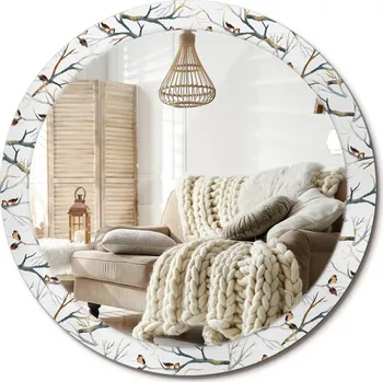 Zrcadlo Nástěnné zrcadlo zdobené grafikou na skle Vrabčáci ptáci větve pr. 90 cm