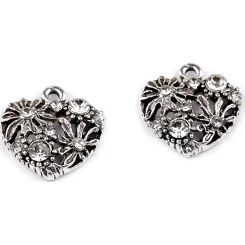 Přívěsek Kovový přívěsek / taháček na zip srdce, housle, korunka s broušenými kamínky Varianta: 1 platina srdce, Balení: 2 ks