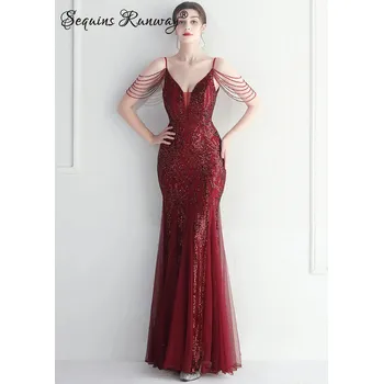 Dámské šaty Plesové šaty dlouhé Sequins SQ1191 Barva: Vínová, Velikost: 2XL