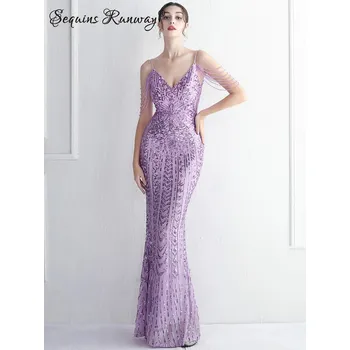 Dámské šaty Sexy večerní šaty maxi Sequins SQ1072 Barva: Fialová, Velikost: M