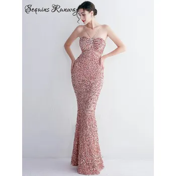 Dámské šaty Sexy dlouhé šaty na společnost Sequins SQ1166 Barva: Růžová, Velikost: S