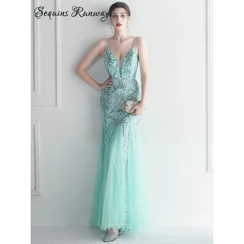 Dámské šaty Sexy večerní šaty maxi Sequins SQ1076 Barva: Mátová, Velikost: M