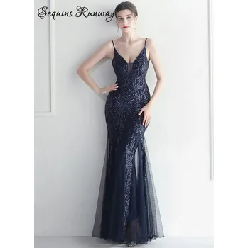 Dámské šaty Sexy svatební šaty maxi Sequins SQ1084 Barva: Tmavě Modrá, Velikost: S