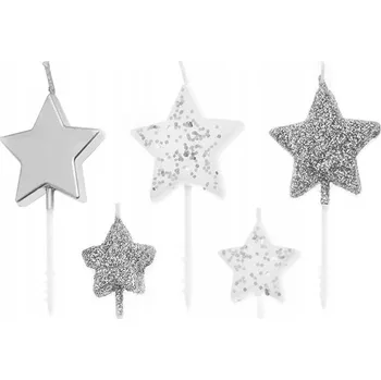 Dortová svíčka Narozeninové svíčky hvězdičky stříbrné s glitry 5 ks