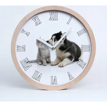 Hodiny Velké dřevěné nástěnné hodiny s motivem psa a kočky, průměr 20 cm