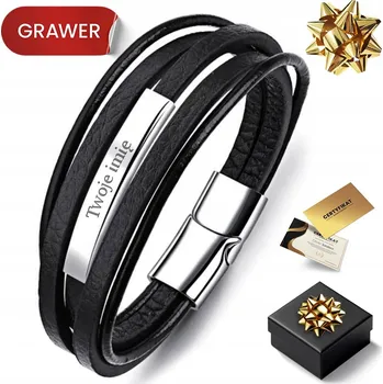 Náramek ČERNÝ KOŽENÝ PÁNSKÝ NÁRAMEK STŘÍBRNÝ GRAVÍROVÁNÍ 925 JAKO DÁREK PRO MUŽE