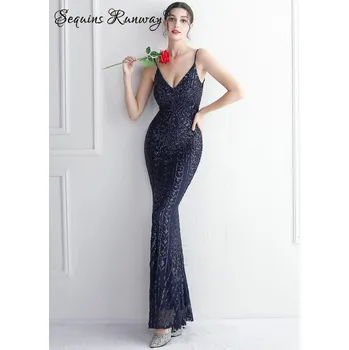 Dámské šaty Sexy dlouhé šaty na svatbu Sequins SQ1148 Barva: Tmavě Modrá, Velikost: L