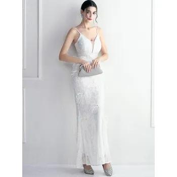 Dámské šaty Maxi večerní šaty Sequins SQ959 Barva: Bílá, Velikost: M