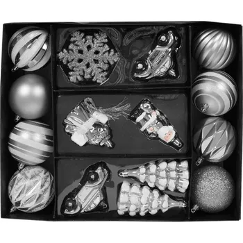 Vánoční dekorace VÁNOČNÍ BAŇKY NEROZBITNÉ Sada vánočních baněk na stromeček stříbrné 20 KS mix